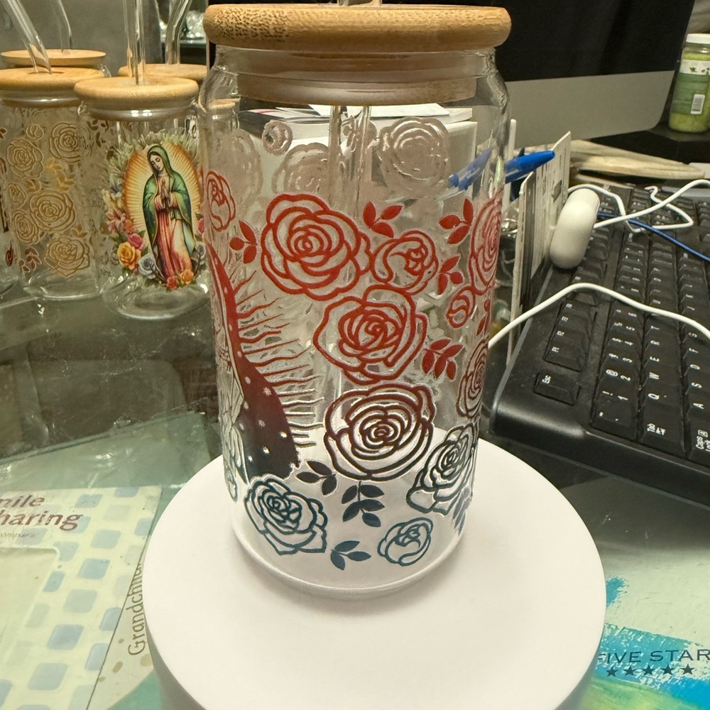 Floral Glass Jar with Wooden Lid